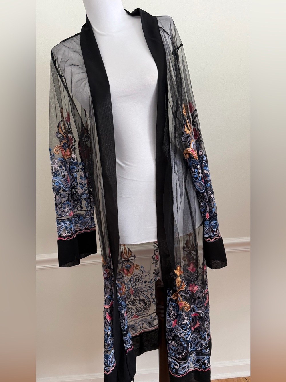 Sheer Mesh Floral Embroidered Kimono Duster Black Boho Festival OS
